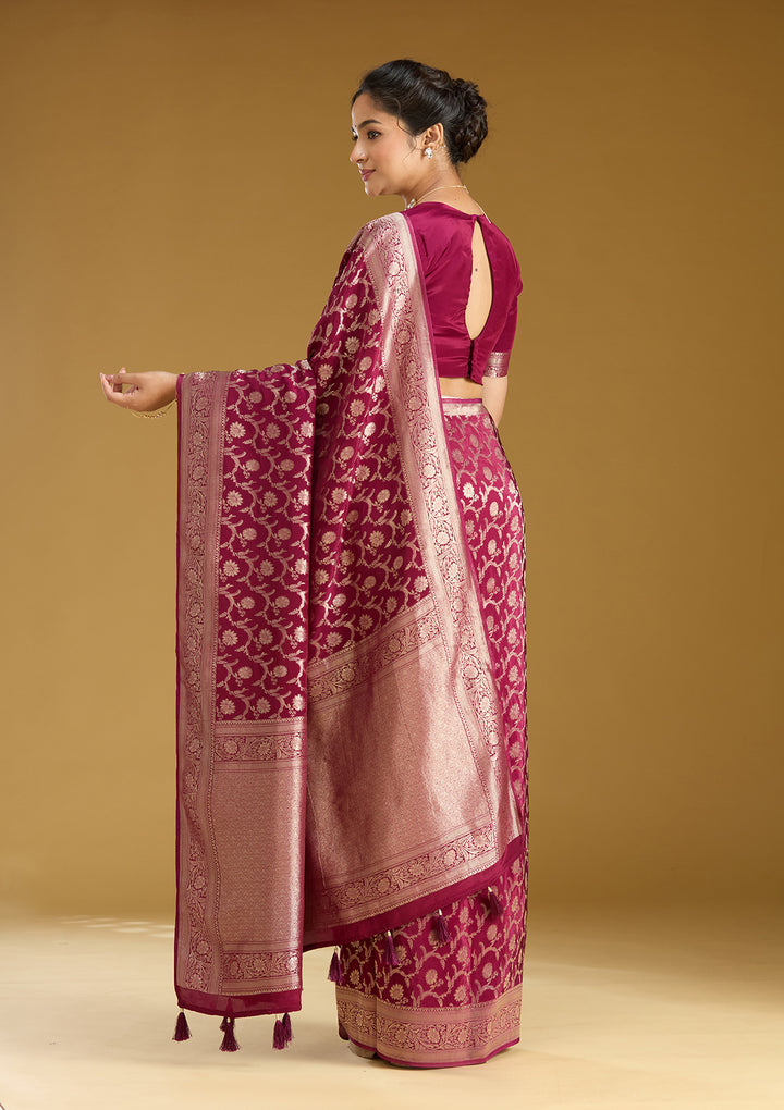 Wine Silk Jaal Gold Zariwork Saree With Matching Blouse Piece