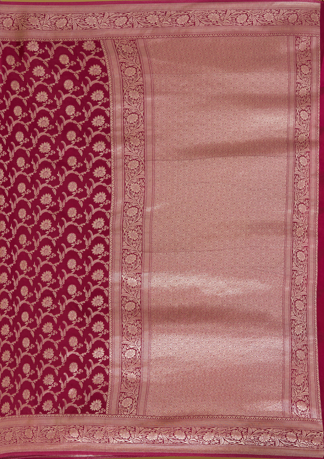 Wine Silk Jaal Gold Zariwork Saree With Matching Blouse Piece