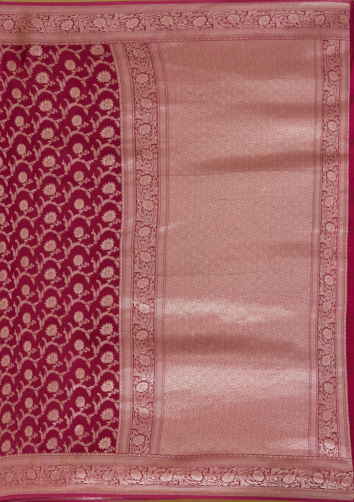 Wine Silk Jaal Gold Zariwork Saree With Matching Blouse Piece