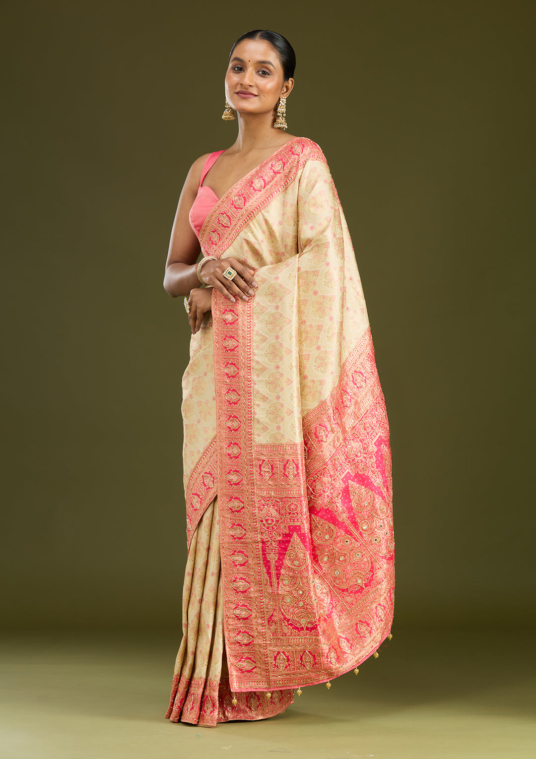 Cream Cutdana Silk Saree