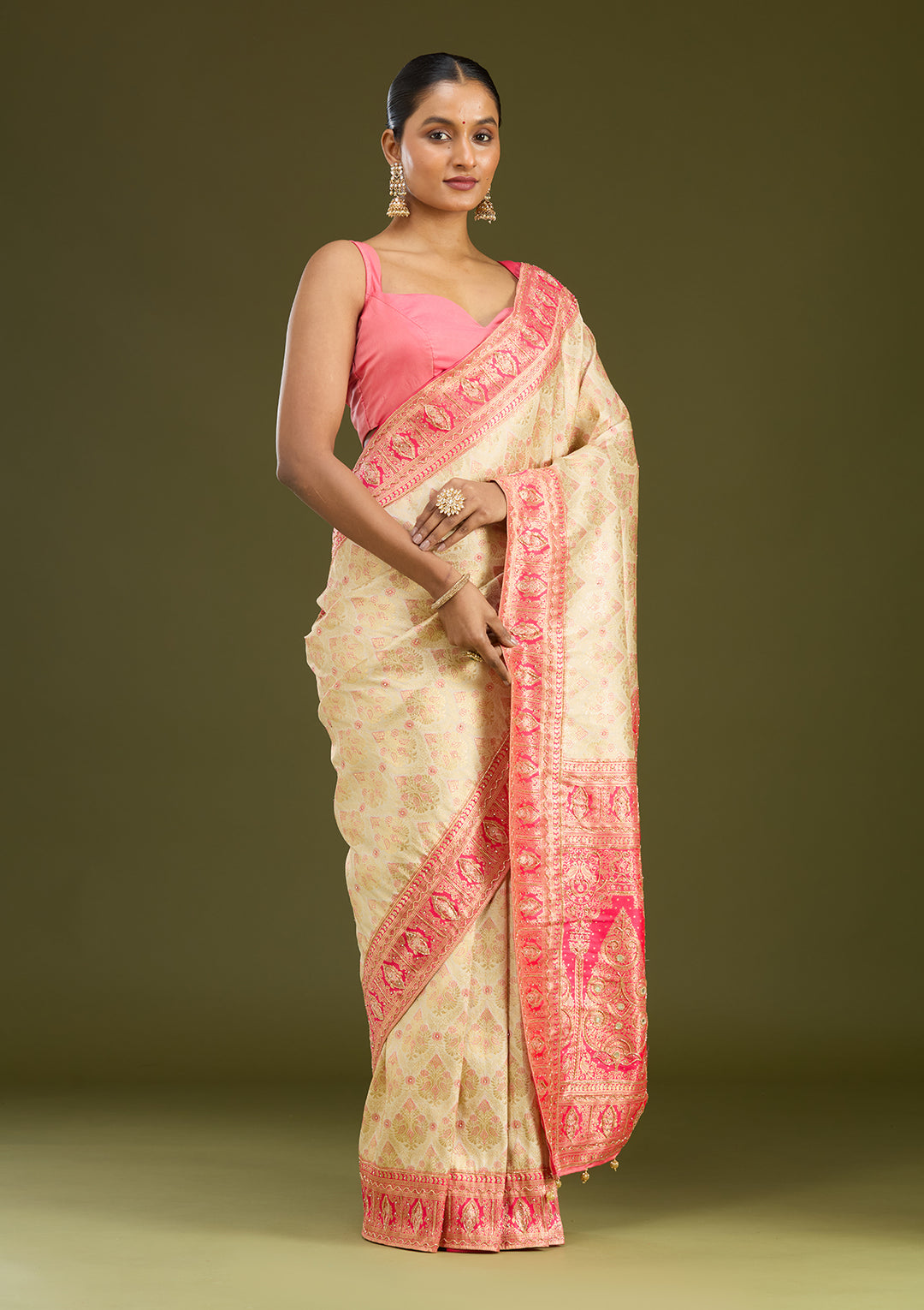 Cream Cutdana Silk Saree