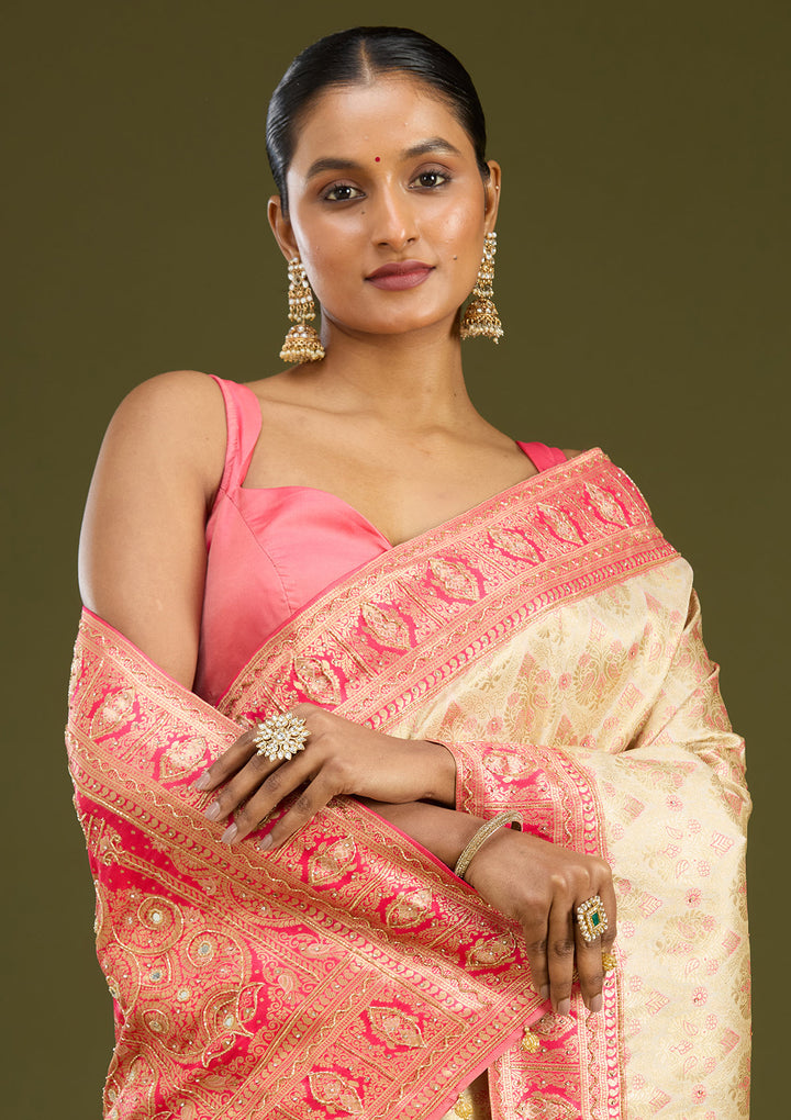 Cream Cutdana Silk Saree