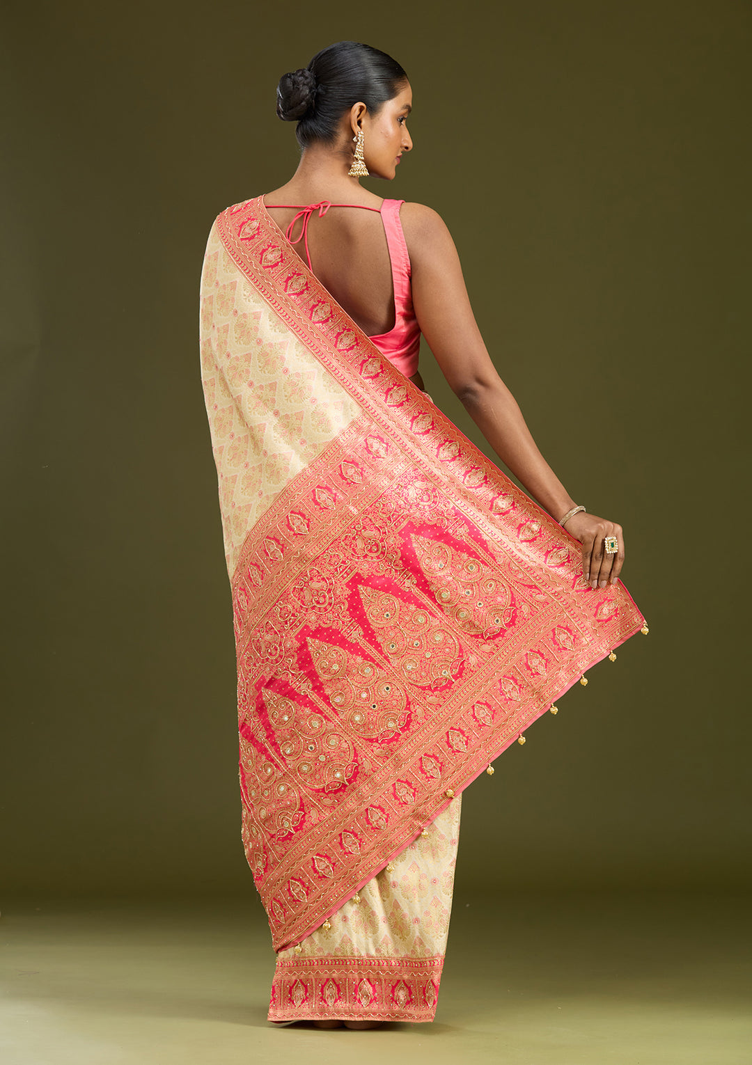 Cream Cutdana Silk Saree