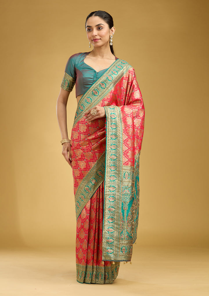 Rani Pink Silk Jaal Cutdana Saree With Matching Blouse Piece