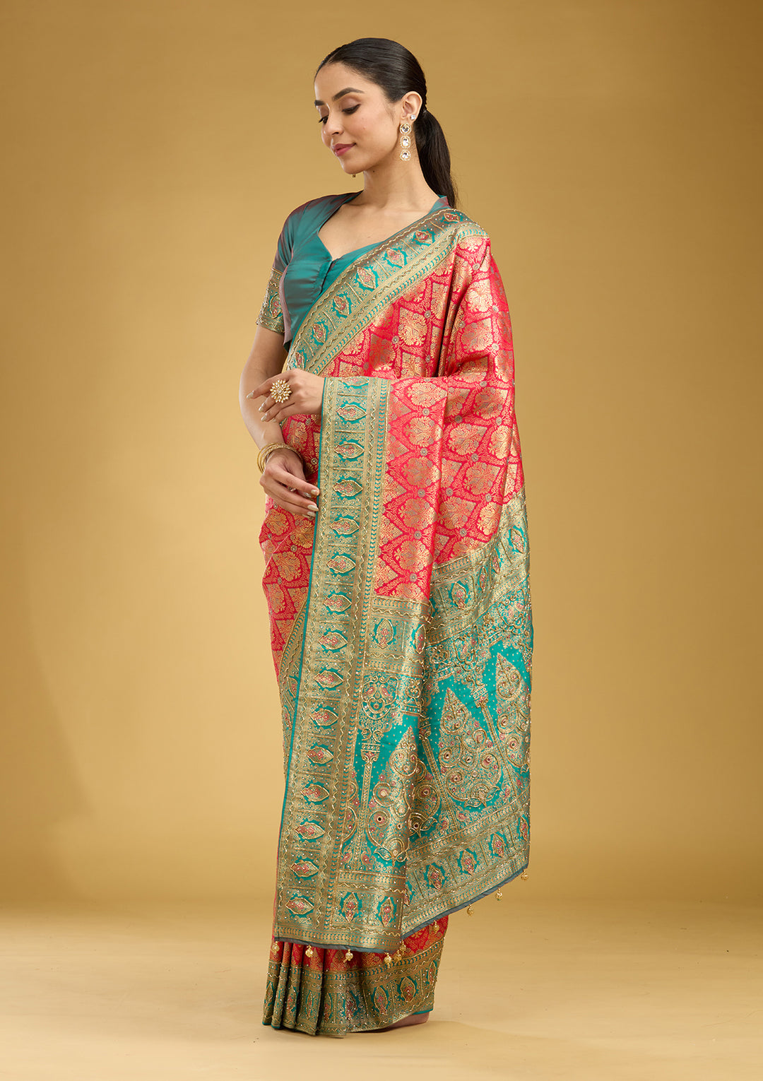 Rani Pink Silk Jaal Cutdana Saree With Matching Blouse Piece