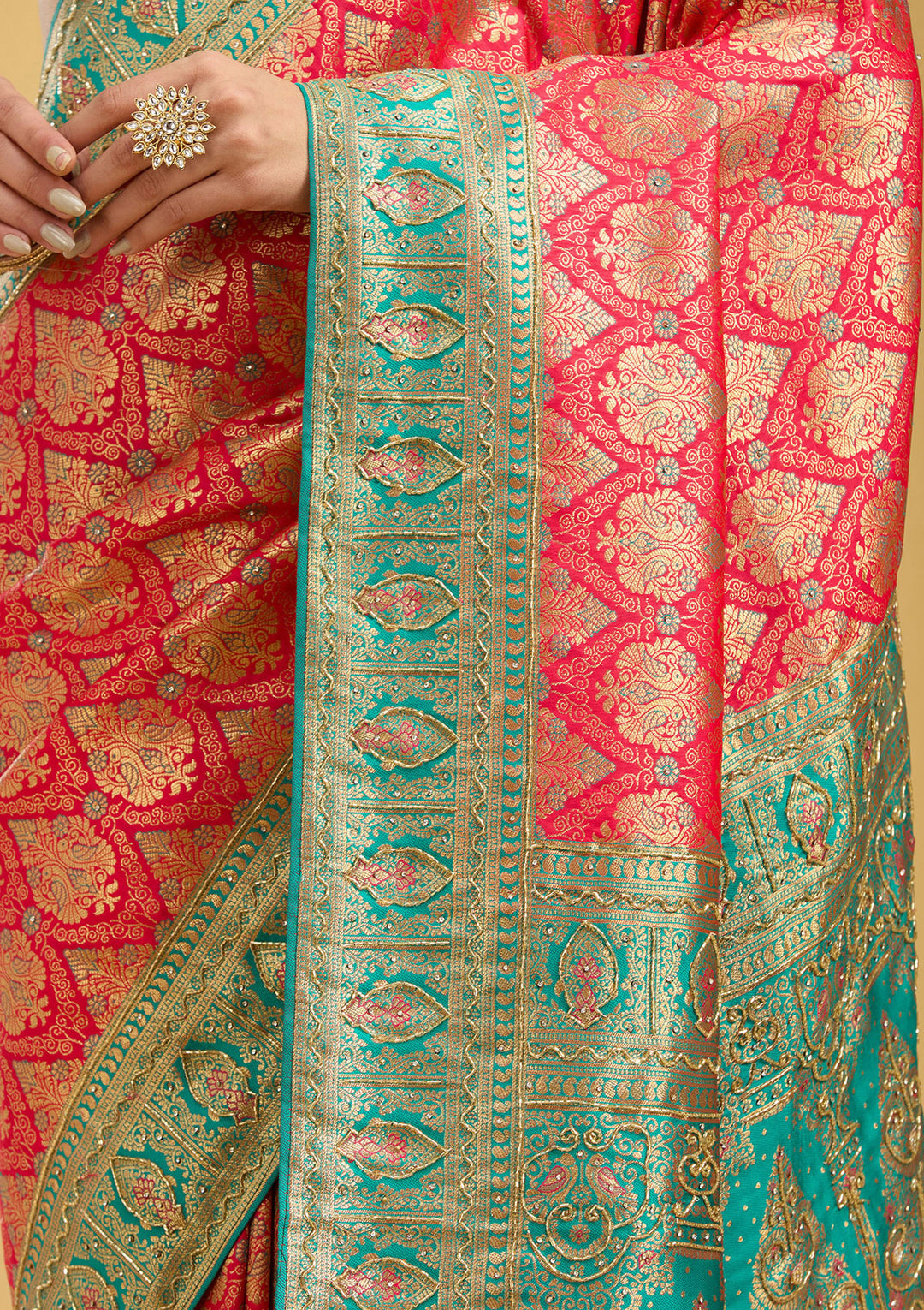 Rani Pink Silk Jaal Cutdana Saree With Matching Blouse Piece