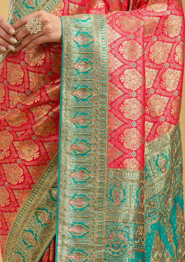 Rani Pink Silk Jaal Cutdana Saree With Matching Blouse Piece