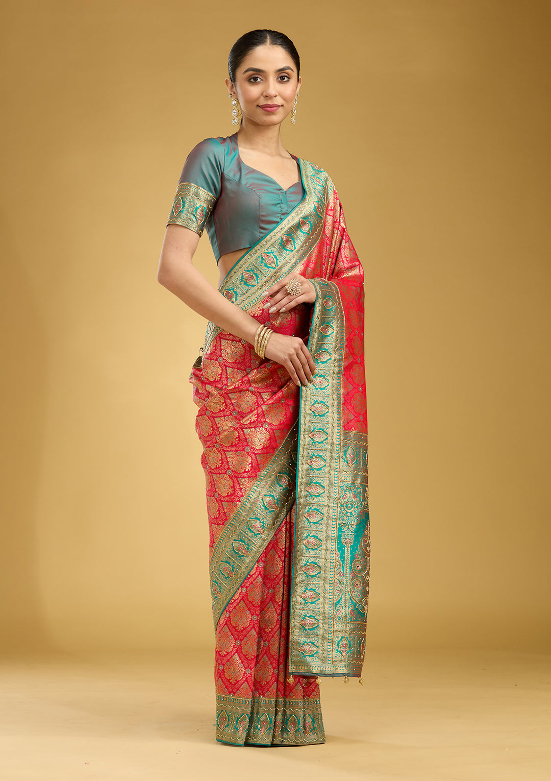 Rani Pink Silk Jaal Cutdana Saree With Matching Blouse Piece