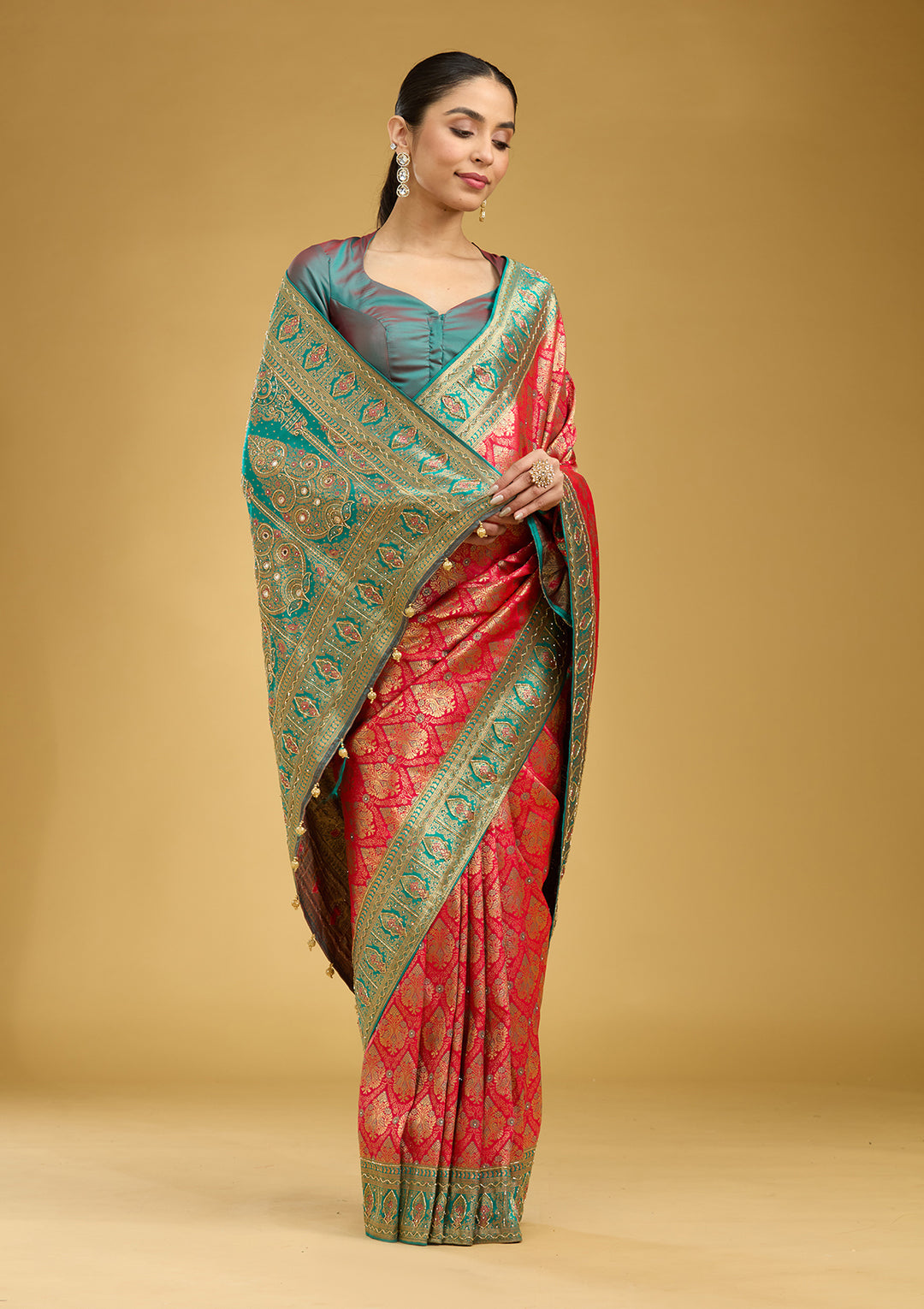 Rani Pink Silk Jaal Cutdana Saree With Matching Blouse Piece