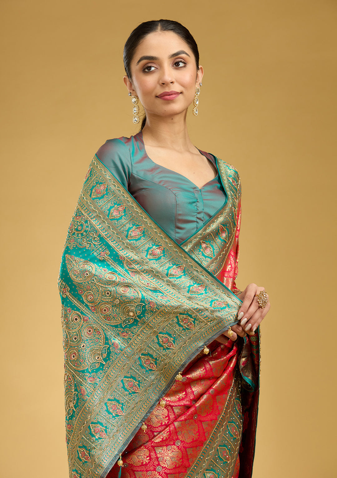 Rani Pink Silk Jaal Cutdana Saree With Matching Blouse Piece