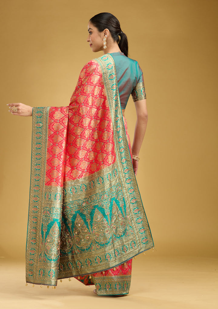 Rani Pink Silk Jaal Cutdana Saree With Matching Blouse Piece