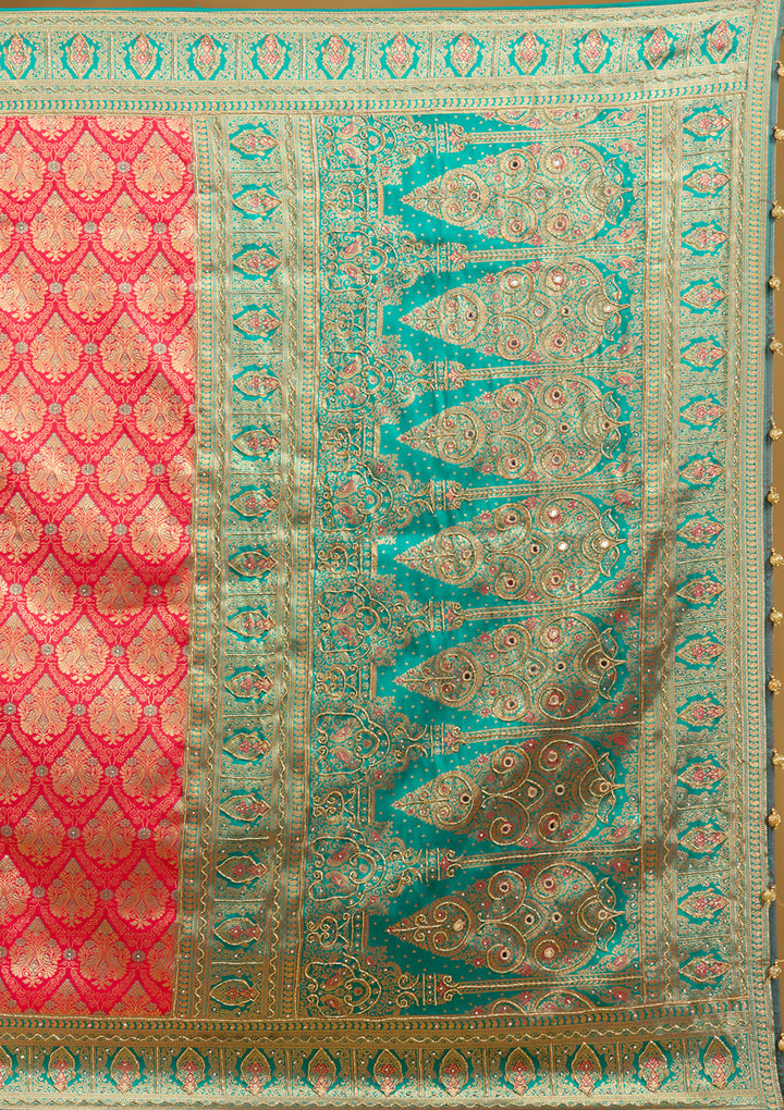 Rani Pink Silk Jaal Cutdana Saree With Matching Blouse Piece