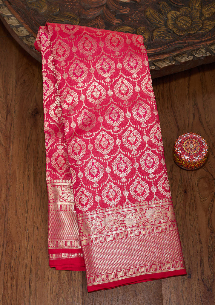 Rani Pink Pure Silk Jaal Gold Zariwork Saree With Matching Blouse Piece