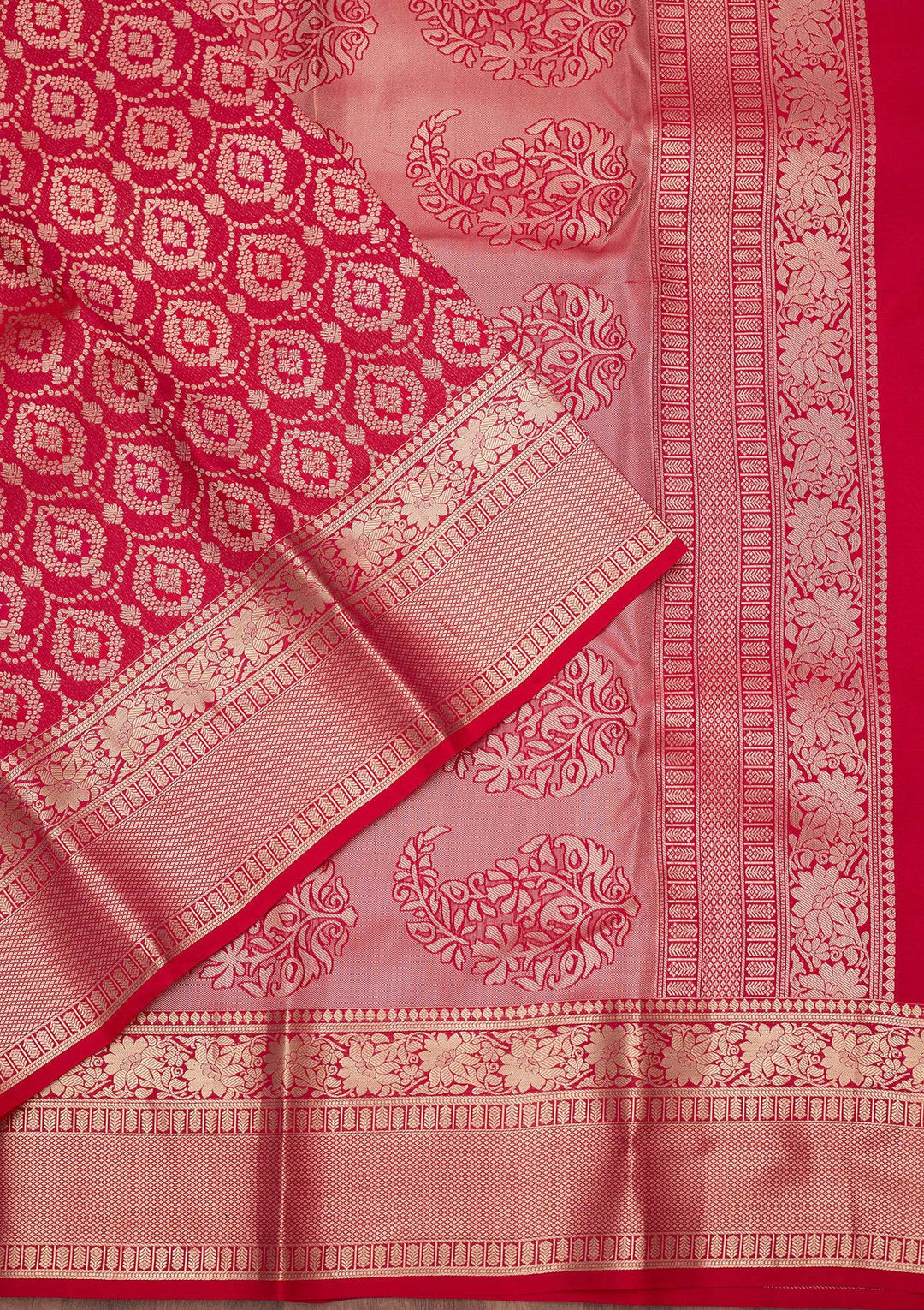 Rani Pink Pure Silk Jaal Gold Zariwork Saree With Matching Blouse Piece