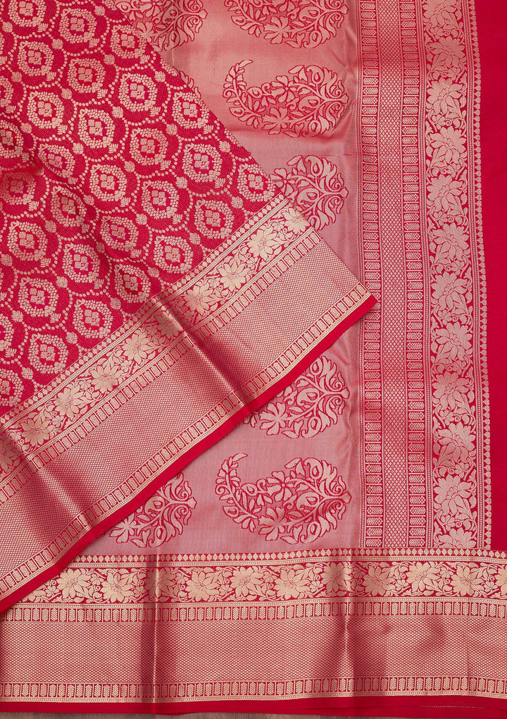 Rani Pink Pure Silk Jaal Gold Zariwork Saree With Matching Blouse Piece