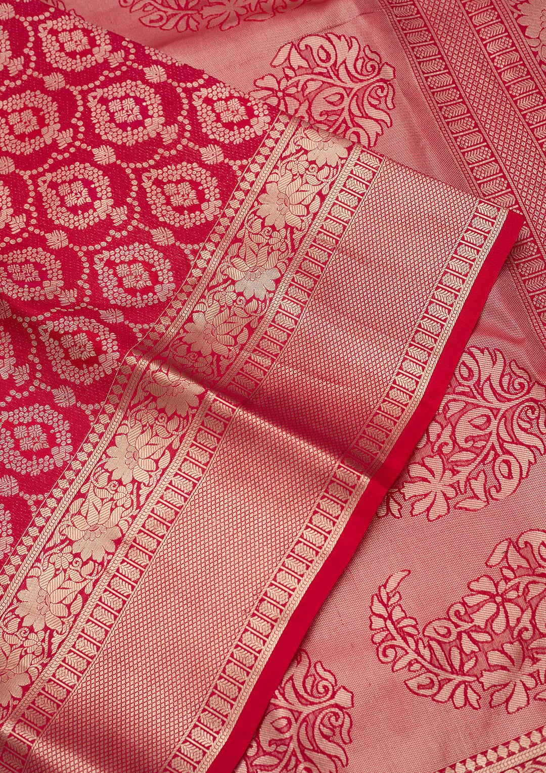Rani Pink Pure Silk Jaal Gold Zariwork Saree With Matching Blouse Piece