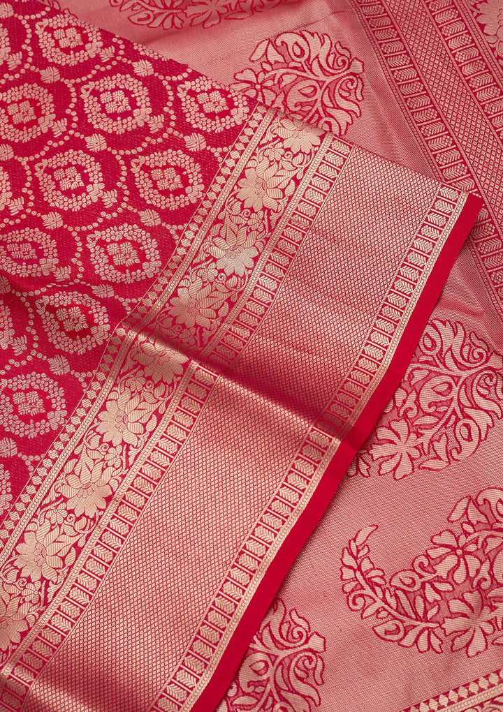 Rani Pink Pure Silk Jaal Gold Zariwork Saree With Matching Blouse Piece
