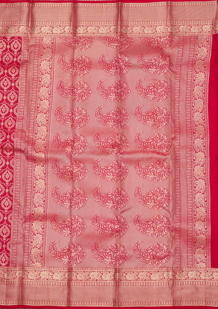 Rani Pink Pure Silk Jaal Gold Zariwork Saree With Matching Blouse Piece