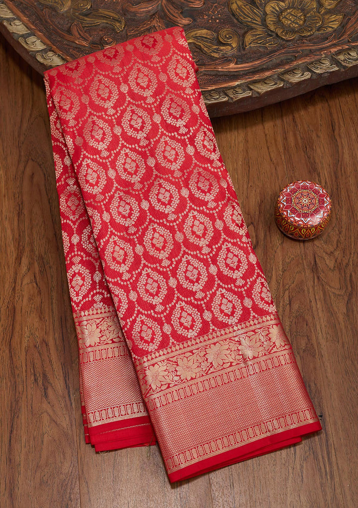 Red Pure Silk Jaal Gold Zariwork Saree With Matching Blouse Piece