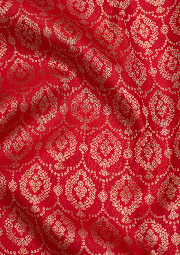 Red Pure Silk Jaal Gold Zariwork Saree With Matching Blouse Piece