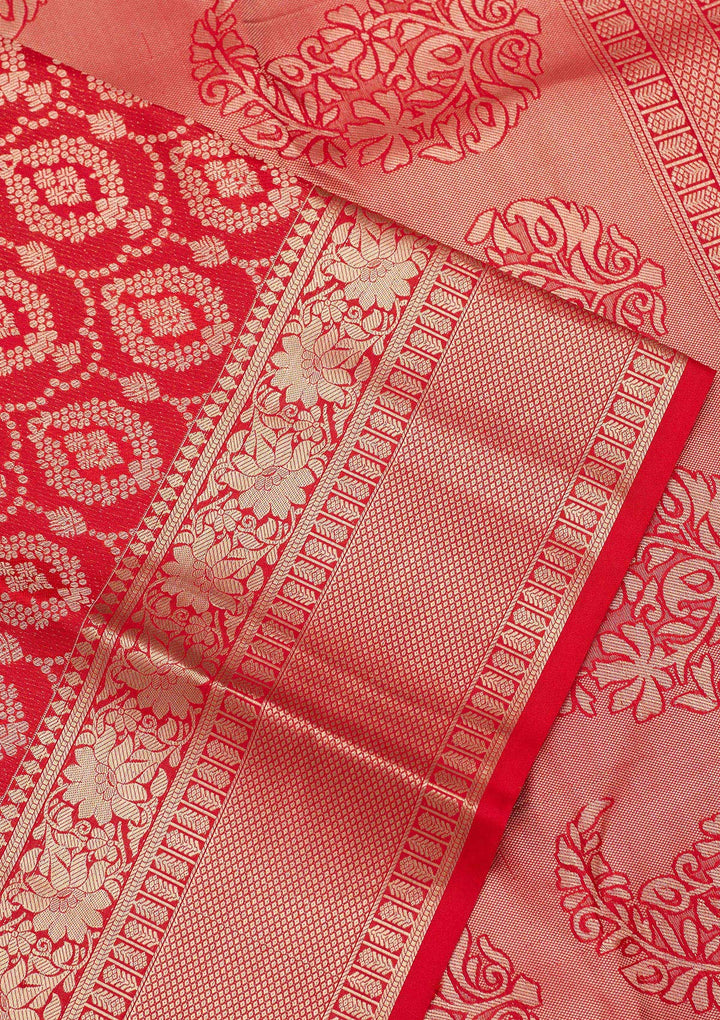 Red Pure Silk Jaal Gold Zariwork Saree With Matching Blouse Piece