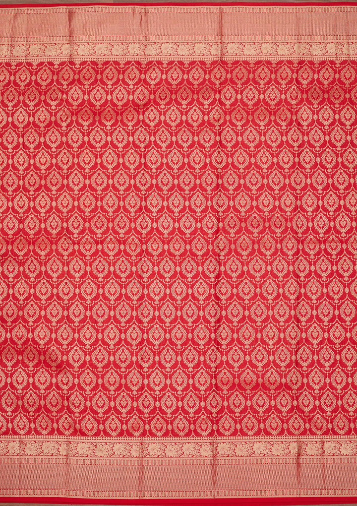 Red Pure Silk Jaal Gold Zariwork Saree With Matching Blouse Piece