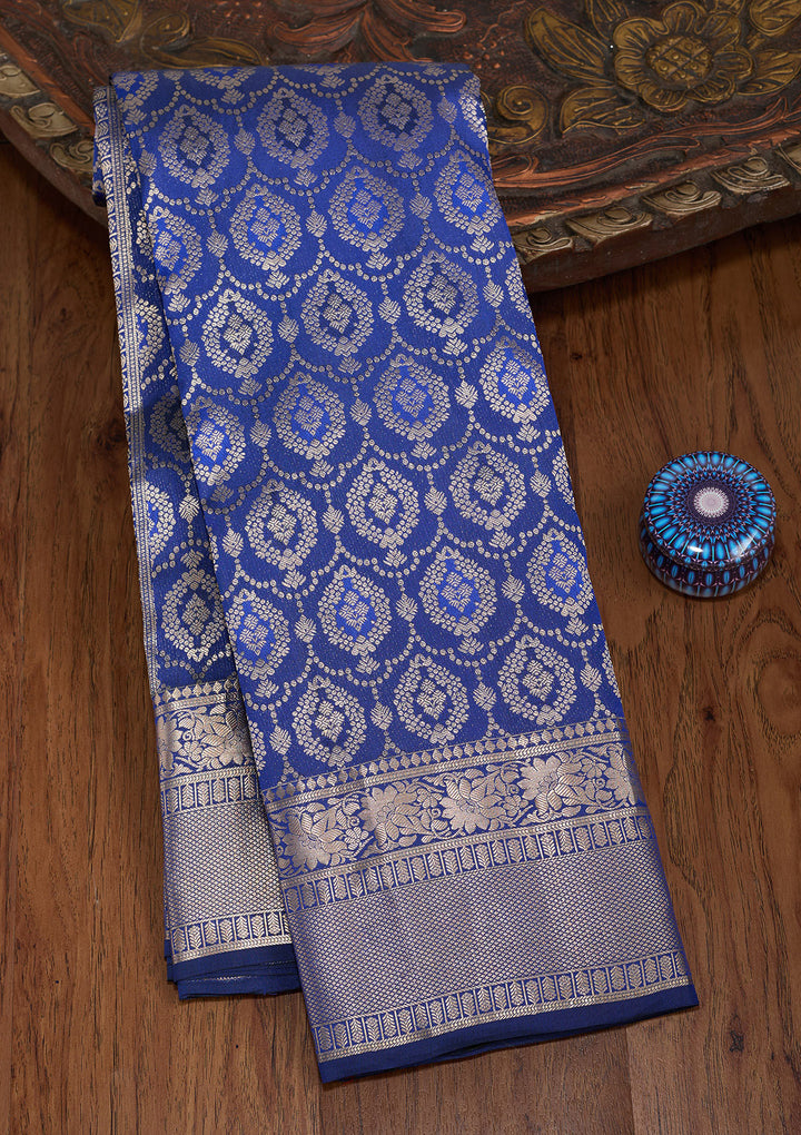 Royal Blue Pure Silk Jaal Gold Zariwork Saree With Matching Blouse Piece