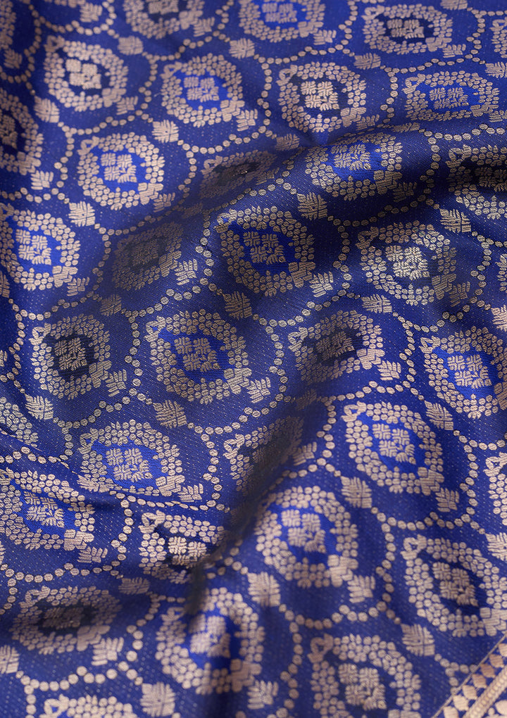 Royal Blue Pure Silk Jaal Gold Zariwork Saree With Matching Blouse Piece