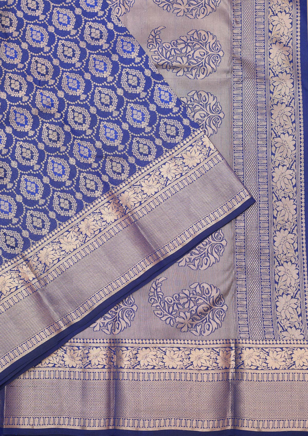 Royal Blue Pure Silk Jaal Gold Zariwork Saree With Matching Blouse Piece