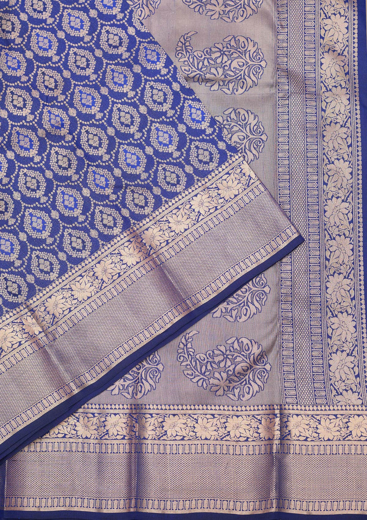 Royal Blue Pure Silk Jaal Gold Zariwork Saree With Matching Blouse Piece