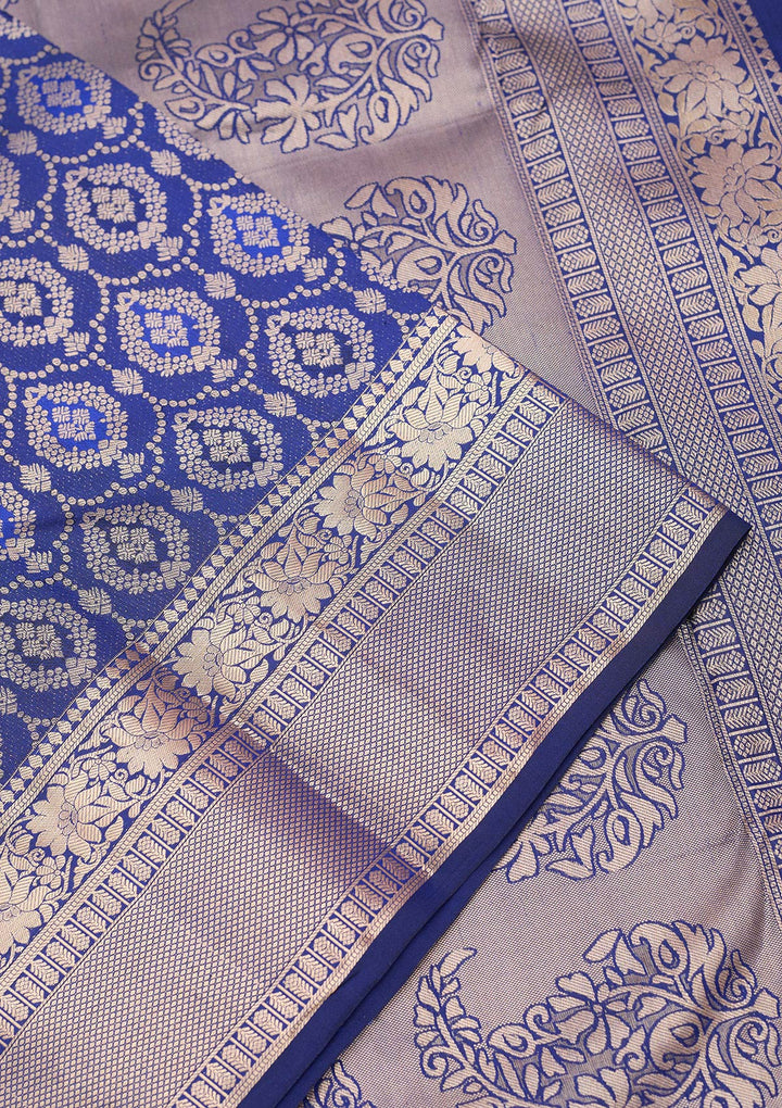 Royal Blue Pure Silk Jaal Gold Zariwork Saree With Matching Blouse Piece
