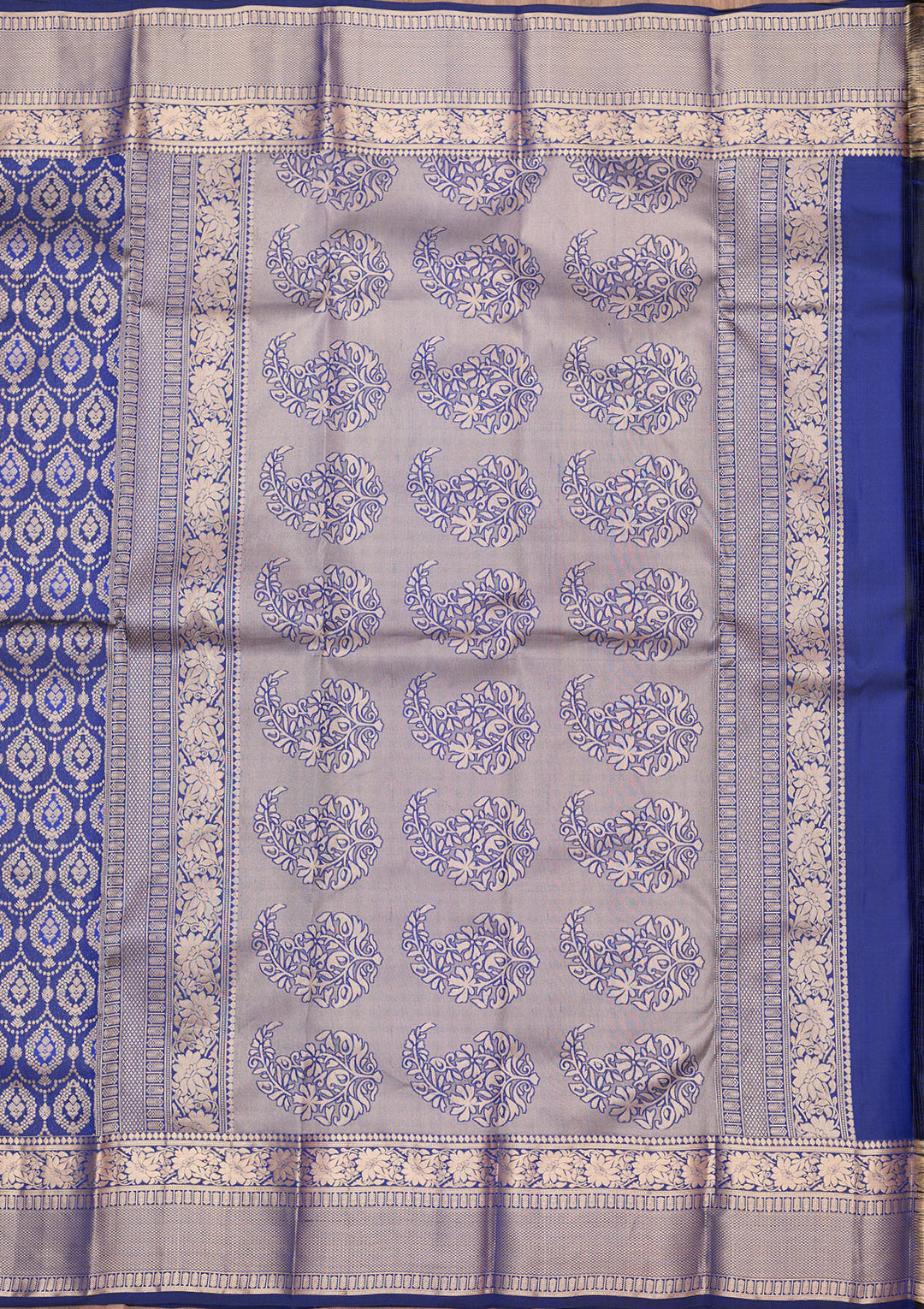 Royal Blue Pure Silk Jaal Gold Zariwork Saree With Matching Blouse Piece