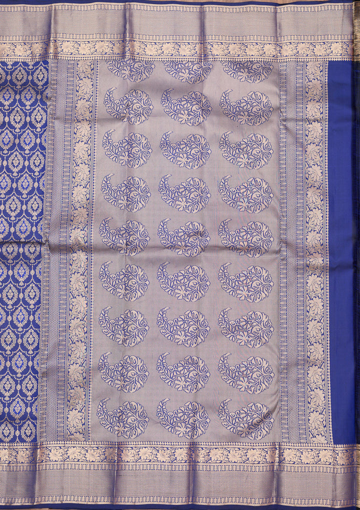 Royal Blue Pure Silk Jaal Gold Zariwork Saree With Matching Blouse Piece