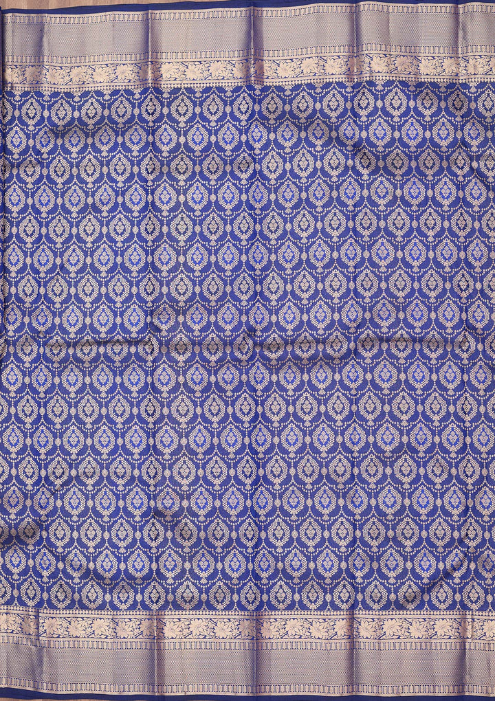 Royal Blue Pure Silk Jaal Gold Zariwork Saree With Matching Blouse Piece