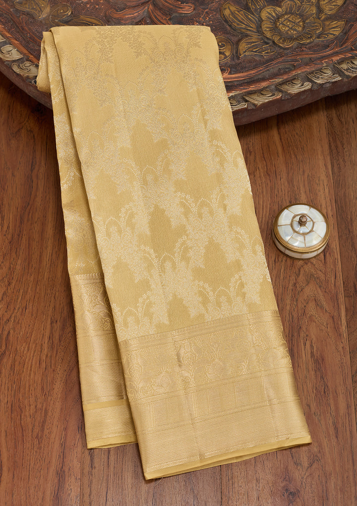 Beige Pure Silk Jaal Gold Zariwork Saree With Matching Blouse Piece