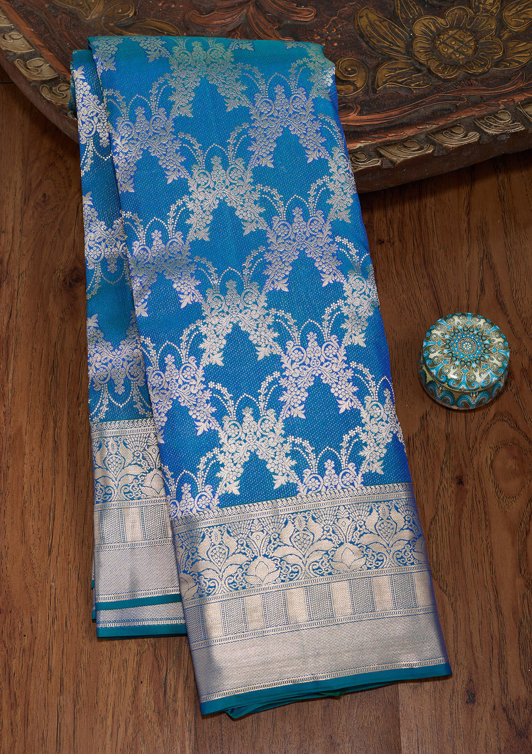 Peacock Blue Pure Silk Jaal Gold Zariwork Saree With Matching Blouse Piece