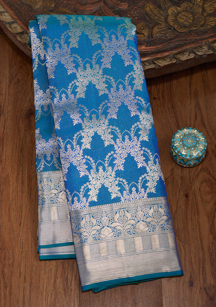 Peacock Blue Pure Silk Jaal Gold Zariwork Saree With Matching Blouse Piece