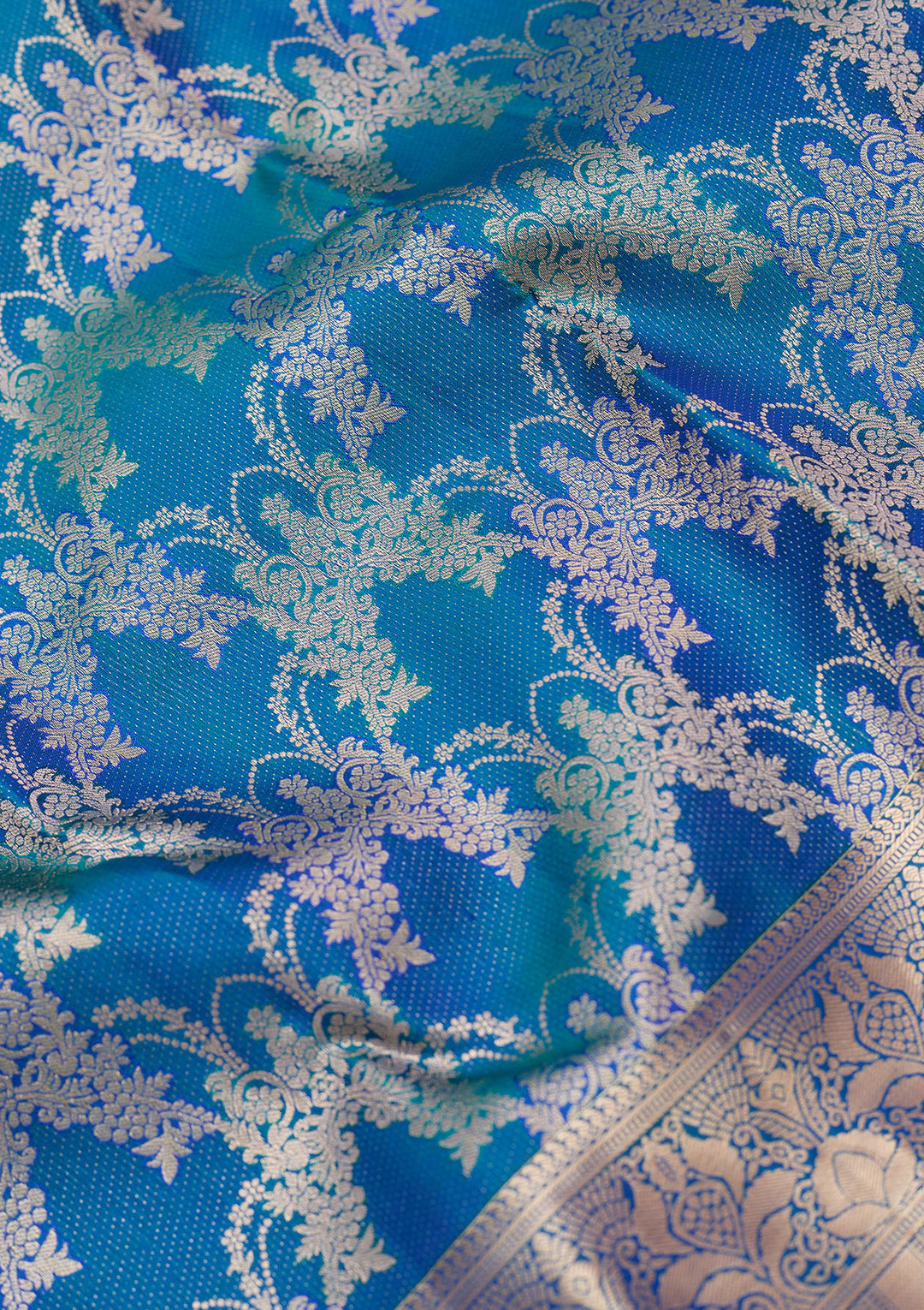 Peacock Blue Pure Silk Jaal Gold Zariwork Saree With Matching Blouse Piece