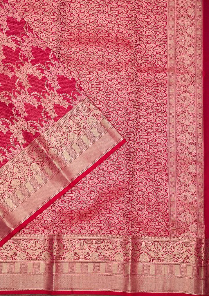 Red Pure Silk Jaal Gold Zariwork Saree With Matching Blouse Piece