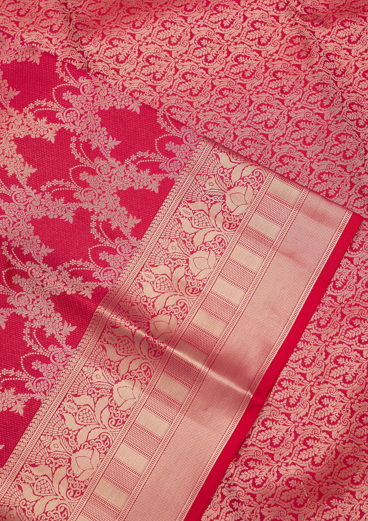 Red Pure Silk Jaal Gold Zariwork Saree With Matching Blouse Piece