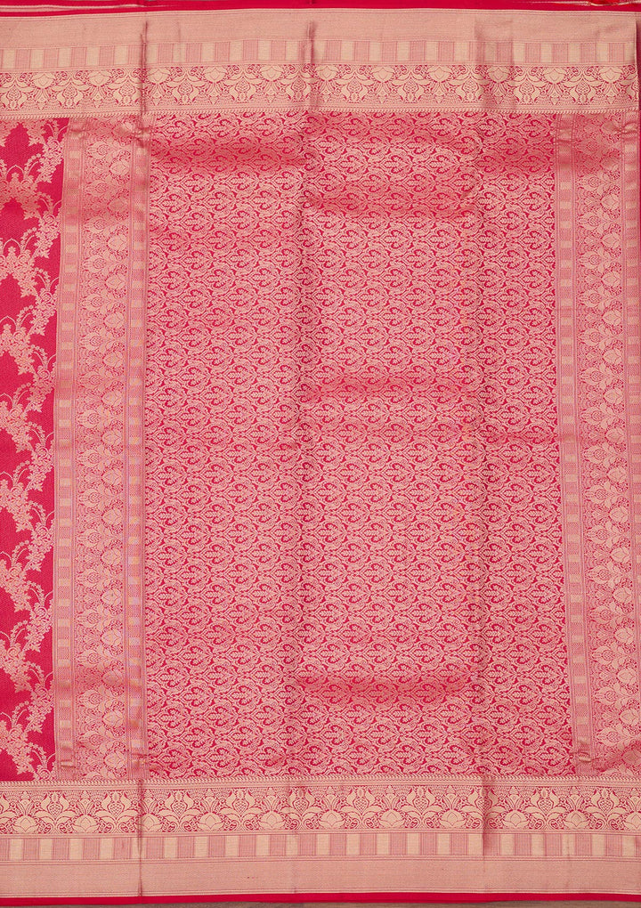 Red Pure Silk Jaal Gold Zariwork Saree With Matching Blouse Piece