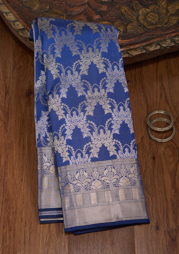 Royal Blue Pure Silk Jaal Gold Zariwork Saree With Matching Blouse Piece