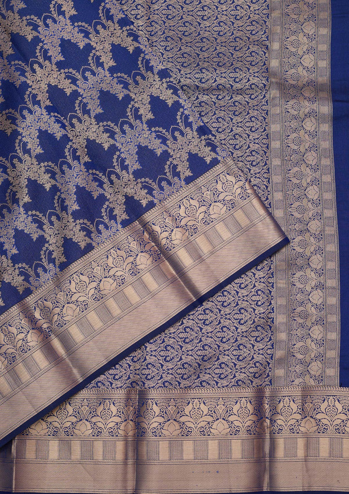 Royal Blue Pure Silk Jaal Gold Zariwork Saree With Matching Blouse Piece