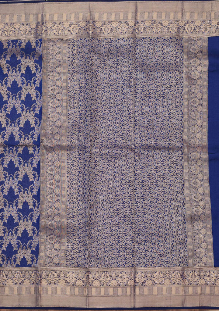 Royal Blue Pure Silk Jaal Gold Zariwork Saree With Matching Blouse Piece
