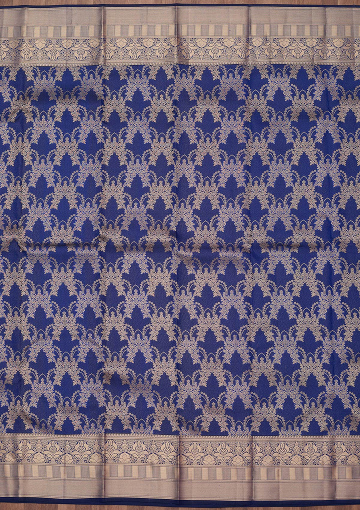 Royal Blue Pure Silk Jaal Gold Zariwork Saree With Matching Blouse Piece