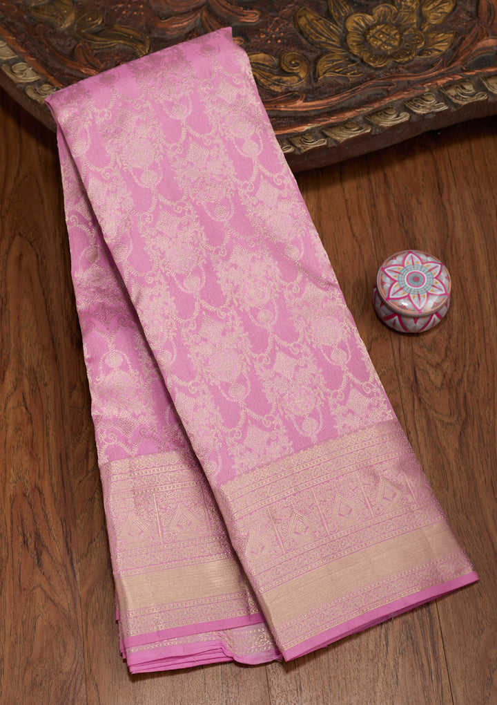 Onion Pink Pure Silk Jaal Zariwork Saree With Matching Blouse Piece