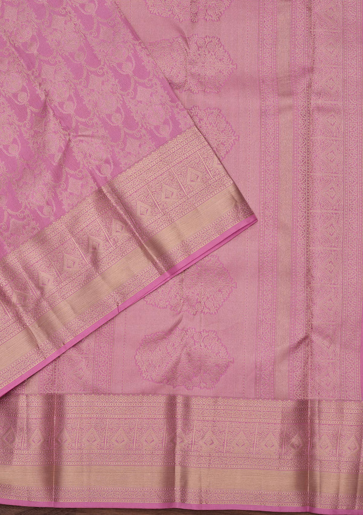 Onion Pink Pure Silk Jaal Zariwork Saree With Matching Blouse Piece