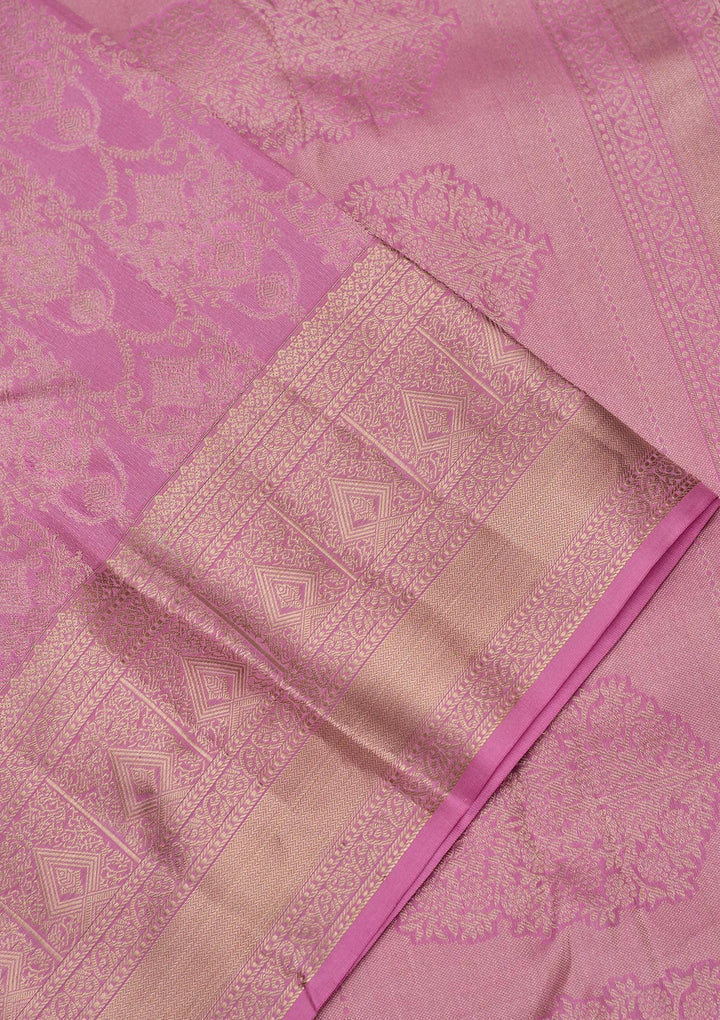 Onion Pink Pure Silk Jaal Zariwork Saree With Matching Blouse Piece
