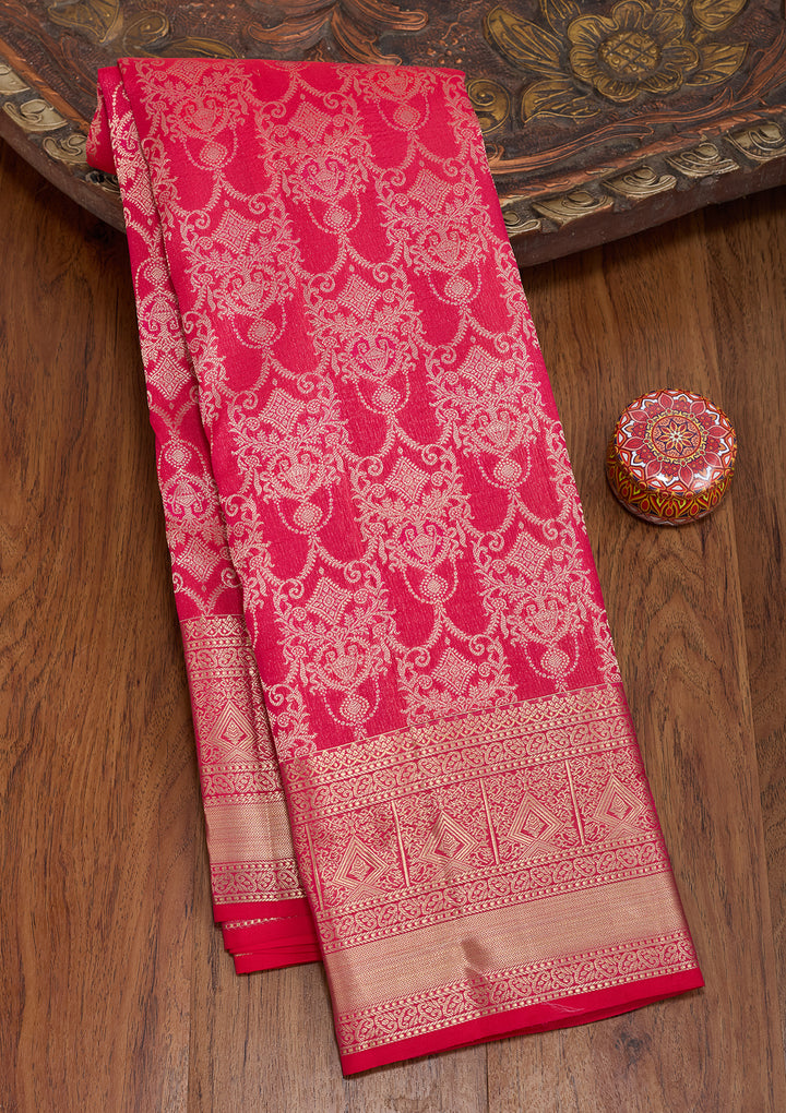 Rani Pink Pure Silk Jaal Zariwork Saree With Matching Blouse Piece
