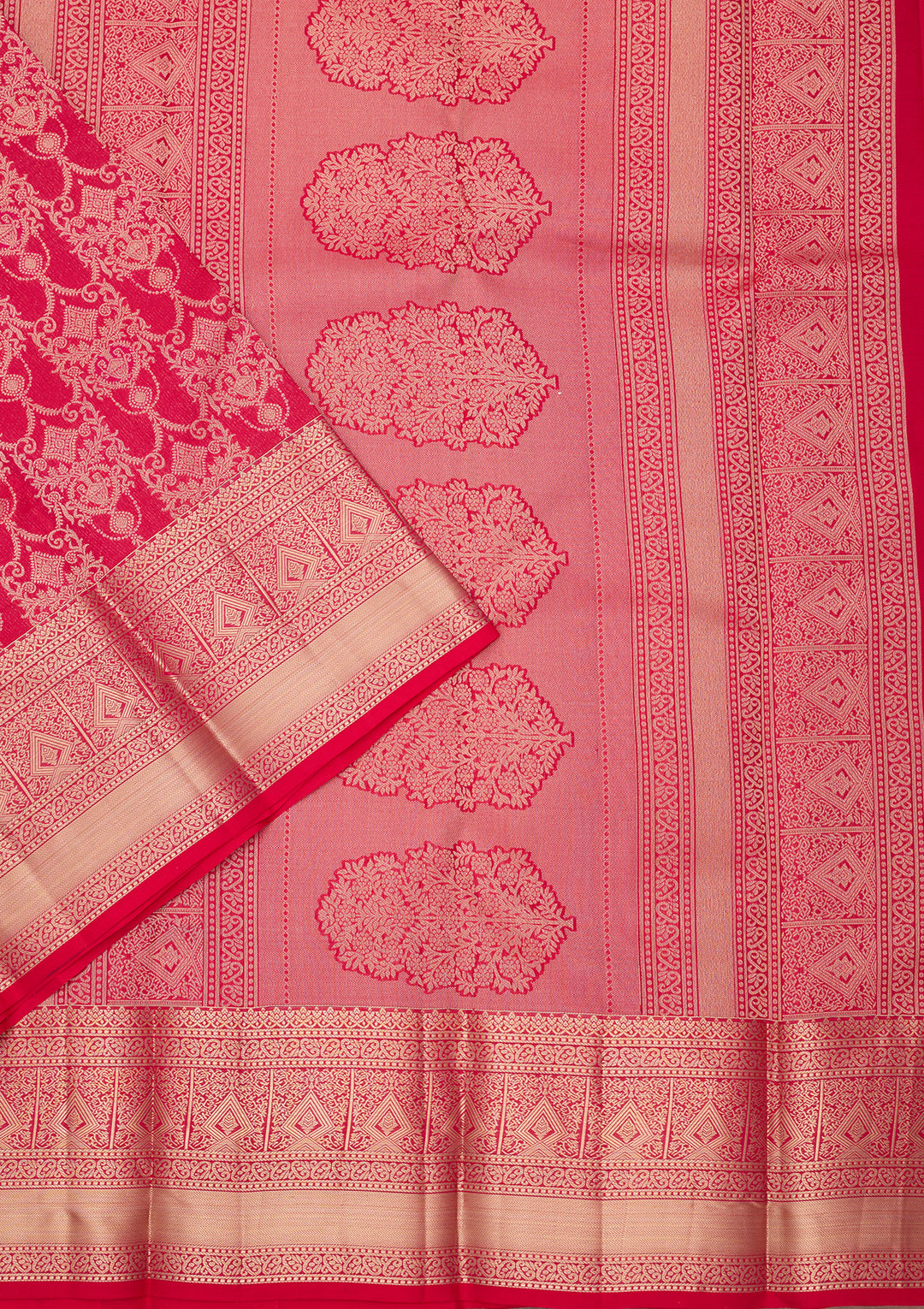 Rani Pink Pure Silk Jaal Zariwork Saree With Matching Blouse Piece